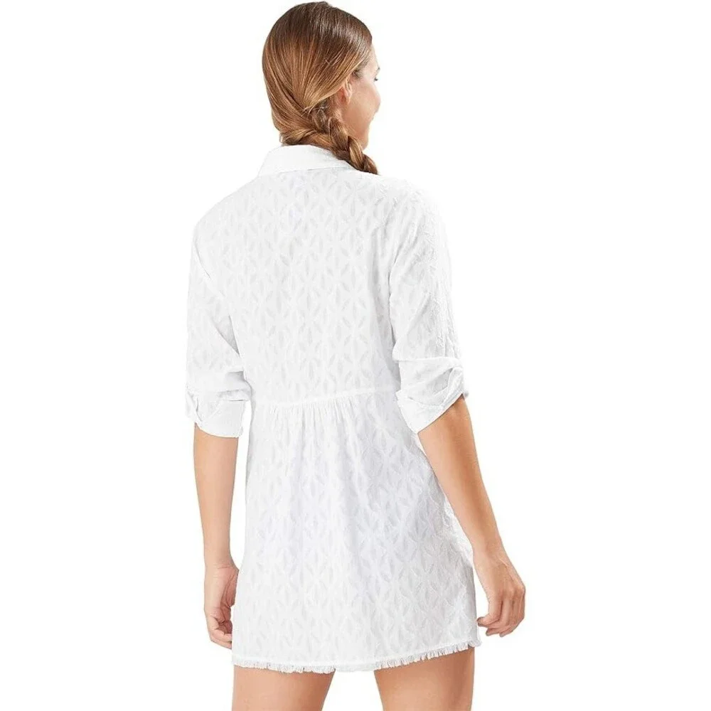 Tommy Bahama Boyfriend Top Women's Small White Jacquard Long Sleeve Beachy QLW89 - Picture 5 of 8